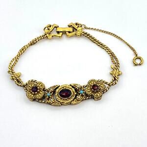 Vintage Unsigned Goldette Victorian Revival Charm Slide Bracelet Safety Chain